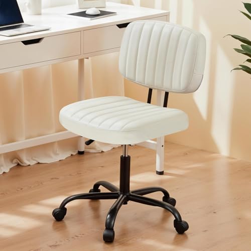 YSSOA Small Office Desk Chair Comfy Computer Chair with Ergonomic Low Back Lumbar Support, Height Adjustable Armless PU Leather Vanity Stool 360° Swivel Rolling Chair for Home Bedroom, White - color: White