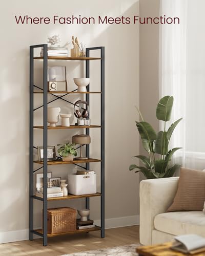 VASAGLE 6-Tier Bookshelf, Bookcase with Steel Frame, Book Shelf for Living Room, Home Office, Study, 11.8 x 26 x 73.2 Inches, Industrial Style, Rustic Brown and Ink Black ULLS062B01 - color: Rustic Brown + Ink Black, size: 6 Tiers (11.8"D x 26"W), style: