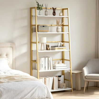 JSB 5 Tier Bookshelf, No Assembly Folding Ladder Bookshelf, 51.6in Tall Foldable Ladder Shelf, Bookcase for Home Office, Living Room,Space-Saving (White & Gold, 5 Tier) - color: White & Gold