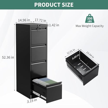 4 Drawer File Cabinet with Lock, Vertical Filing Storage Cabinet, Metal Filing Cabinets, Steel Lockable Storage Cabinets for Home Office, Legal/Letter Size File - size: 4 Drawer