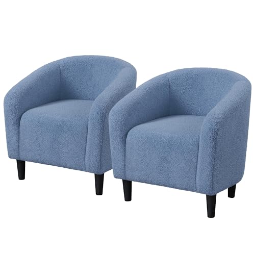 Topeakmart Compact Sherpa Accent Chairs Set of 2 for Small Spaces, Blue | Upholstered Furry Armchair, Compact Cozy Barrel Chairs with a Curved Silhouette for Small Spaces, Living Room Bedroom Corner - color: Blue, style: Set of 2
