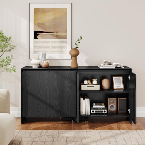63" Sideboard Buffet Cabinet with Storage, Buffet Sideboard Cabinet with 4 Doors & Adjustable Shelves, Modern Coffee Bar Console Table for Living Room, Kitchen, Entryway (Black) - color: Black