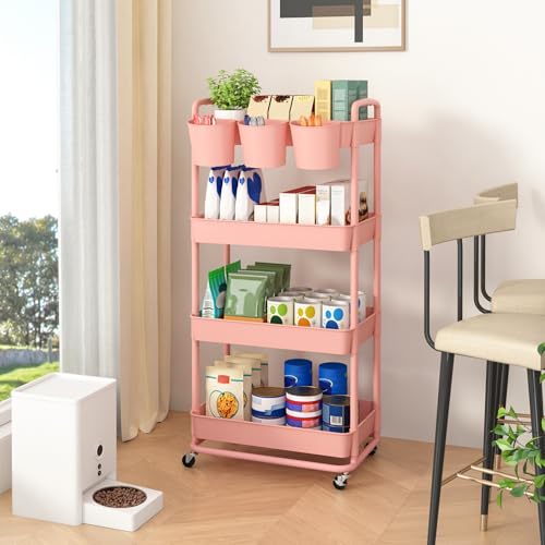 4-Tier Plastic Rolling Storage Cart Utility Cart with Extra Hanging Cups Handles Lockable Wheels for Living Room Bathroom Kitchen Office Pink | Utility Cart with Extra Hanging Cups Arc-Shaped Handles Lockable Wheels for Living Room Bathroom Kitchen Office