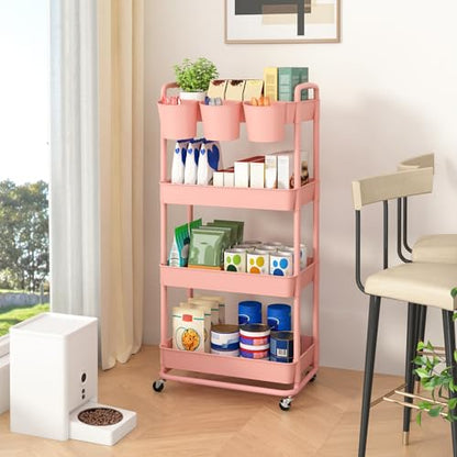 4-Tier Plastic Rolling Storage Cart Utility Cart with Extra Hanging Cups Handles Lockable Wheels for Living Room Bathroom Kitchen Office Pink | Utility Cart with Extra Hanging Cups Arc-Shaped Handles Lockable Wheels for Living Room Bathroom Kitchen Office
