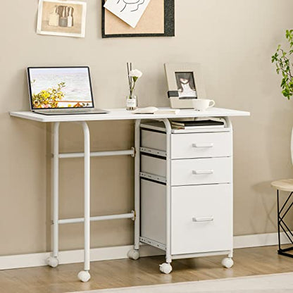 Tangkula White Folding Desk with 3 Drawers, Mobile Home Office Desk Study Writing Desk with Smooth Wheels, Space Saving Compact Table for Dorm Apartment, Rolling Couch Desk Table - color: White