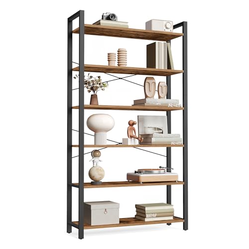 VASAGLE 6-Tier Bookshelf, Bookcase with Steel Frame, Book Shelf for Living Room, Home Office, Study, 11.8 x 31.5 x 73.2 Inches, Industrial Style, Rustic Brown and Ink Black ULLS082B01 - color: Rustic Brown + Ink Black, size: 6 Tiers (11.8"D x 31.5"W), sty