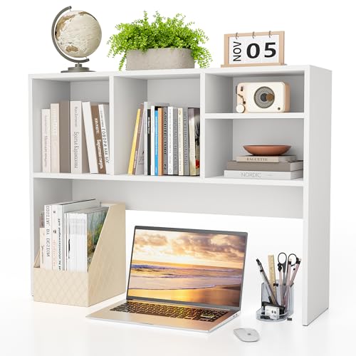 Clikuutory 2-Tier Desktop Bookshelf Hutch, Wood Countertop Storage Organizer with 4 Storage Compartments for Computer Desk, Multipurpose Tabletop Display Rack for Home Office Dorm Bedroom, White - color: White