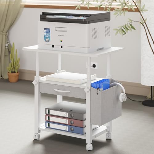 YAOHUOO 22"x15" Large Printer Stand with Drawer, 3-Tier Rolling Table Cart - color: White, size: 3-Tier