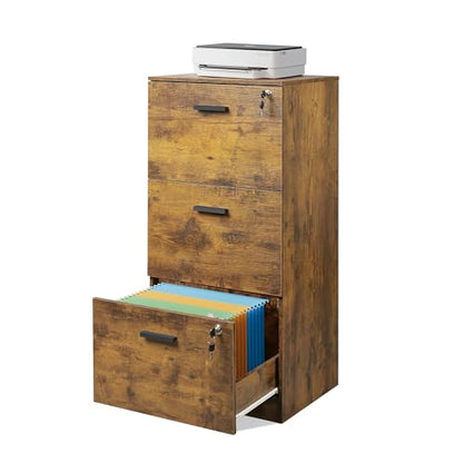 DEVAISE 3 Drawer File Cabinet with Lock, Wood Printer Stand, Rustic Brown - color: Rustic Brown