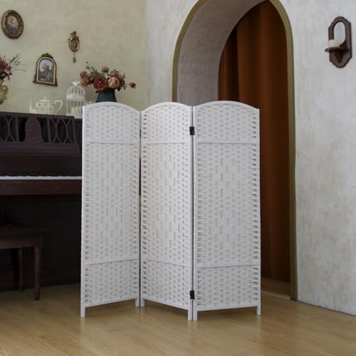 Compact 3 Panel Short Room Divider, 47.2 Inch Tall Double-Sided Rattan Folding Screen for Home & Office,White - color: White, size: 3 Panel