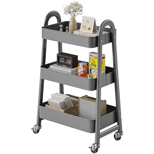 DUMOS 3 Tiers Rolling Cart, Utility Cart, Storage Organizer | Metal Lockable Wheels, Mobile Shelving Unit, Kitchen, Office, Bathroom, Laundry, Narrow Places, Gray - color: 3 Tiers Gray