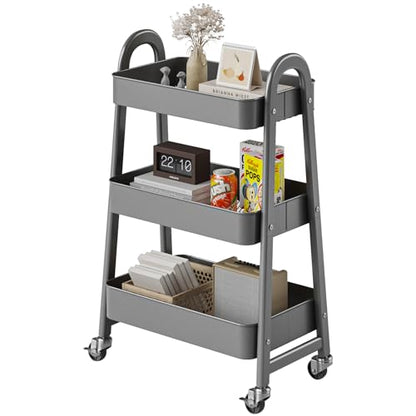 DUMOS 3 Tiers Rolling Cart, Utility Cart, Storage Organizer | Metal Lockable Wheels, Mobile Shelving Unit, Kitchen, Office, Bathroom, Laundry, Narrow Places, Gray - color: 3 Tiers Gray