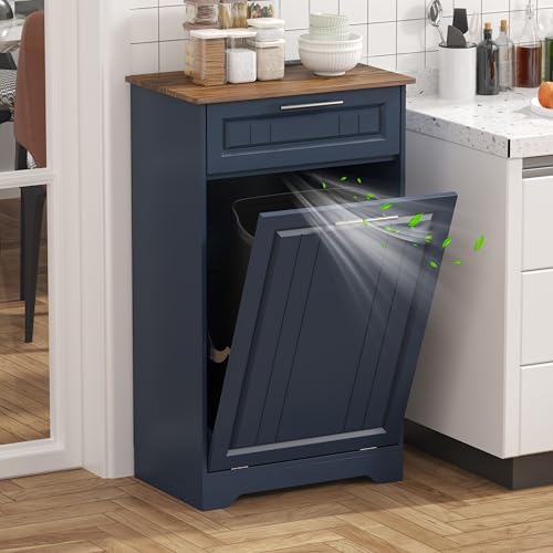 Single 10 Gallon Tilt Out Trash Can Cabinet with Deodorizing Function, Wooden Hidden Garbage Can Holder with Storage Drawers for Kitchen and Dining Room, Laundry Hamper Cabinet for Bathroom, Blue - color: Blue, size: 13.11"D x 20.91"W x 35.2"H(Single)