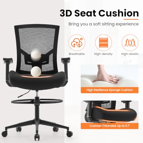 500lbs Drafting Chair,Big and Tall Office Chair for Standing Desk with Wide Seat,2D Adjustable Lumbar Support,Ergonomic Office Chair with Footrest for Home,Drawing or Counter Height Use