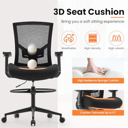 500lbs Drafting Chair,Big and Tall Office Chair for Standing Desk with Wide Seat,2D Adjustable Lumbar Support,Ergonomic Office Chair with Footrest for Home,Drawing or Counter Height Use