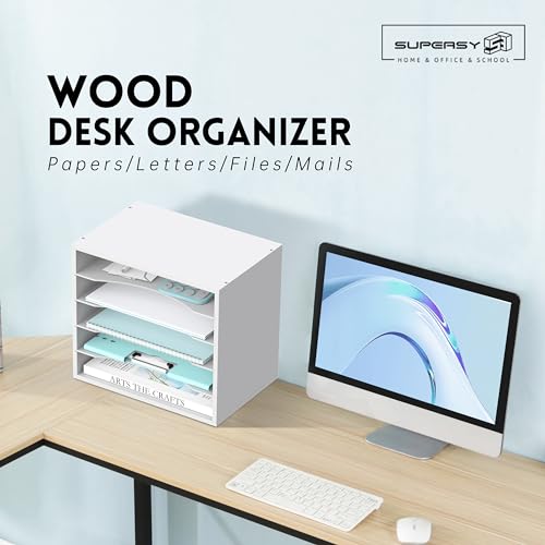 5 Tier Wood Desk Organizer, Mail Sorter and Paper Organizer for Desk, White - color: White, size: 13.4" x 9.1" x 12", style: 5 Compartments