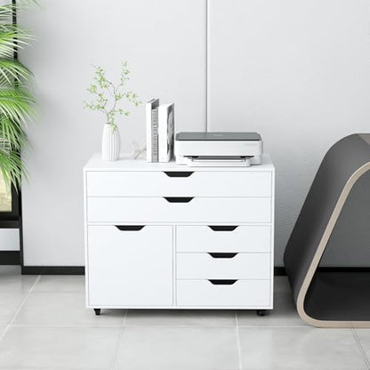 MAT EXPERT 5-Drawer Mobile File Cabinet w/Door, Lateral Filing Cabinet w/5 Universal Wheels, Rolling File Cabinets with Storage, Modern Wood Printer Stand for Home Office, Living Room, Study (White) - color: White
