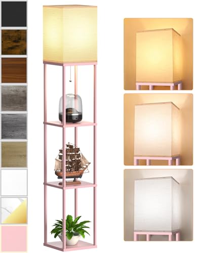 Pink Floor Lamp with Shelves for Living Room, Shelf Floor Lamp with 3 CCT LED Bulb, Corner Display Standing Column Lamp Etagere Organizer Tower Nightstand with White Linen Shade for Bedroom, Office - color: Pink