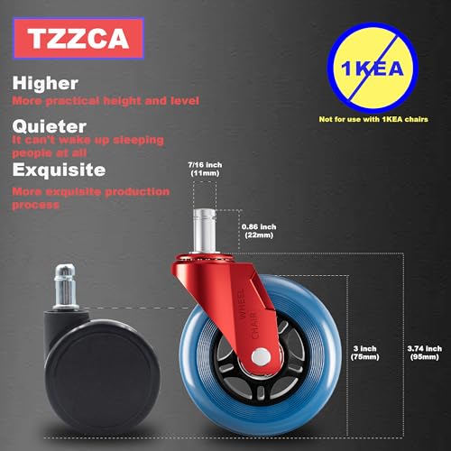 Office Chair Wheels Replacement Rubber Chair Casters Heavy Duty - color: Red