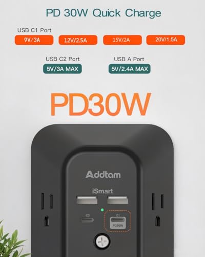Addtam 5-Outlet Extender Surge Protector, Multi Plug Wall Outlet with 4 USB Wall Charger(PD 30W), Plug Extension Outlet 1800J, Outlet Splitter Power Strip for Home Office Dorm Room Essentials, Black - style: 2C2A PD 30W