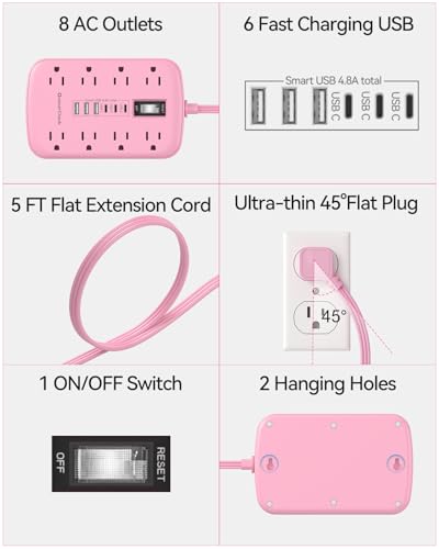 Pink Extension Cord with 6 USB(3 USB-C) 8 Outlets, Flat Plug Power Strip - size: 5 FT-Pink-Three Prong