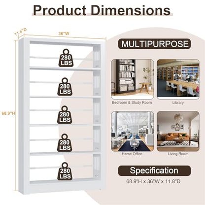 OSEILLC 69" Metal 5-Tier Bookshelf,Large Adjustable Bookcases (White) | Heavy Duty,Expandable bookshelf,280LB Load Capacity Each Shelf,Industrial Sturdy,Easy Assembly,Wide/Tall/Deep Bookcase - color: White, size: 69"H*36"W