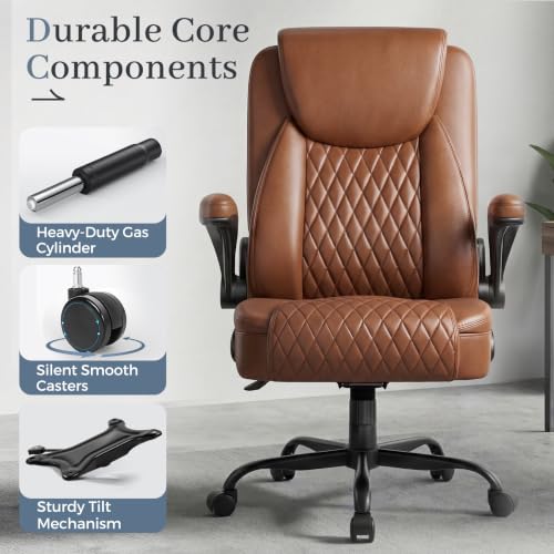 GTPOFFICE Executive Office Chair with Comfortable Lumbar Support, Ergonomic Gaming Chair with Flip-up Armrests & Zoned Pressure-Relief Cushion, Comfy PU Leather Desk Chair, Brown - color: Brown