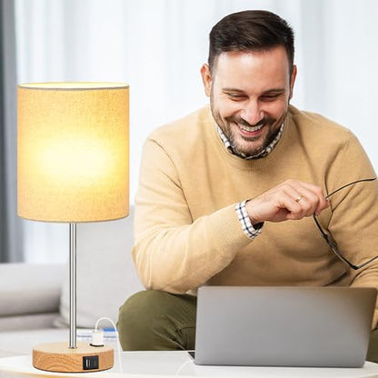 Lynnoland Set of 2 Touch Wood Table Lamps, Bedroom Lamps with 2 USB AC Outlet, 3-Way Dimmable Bedside Nightstand Lamps for Bedroom Living Room Nursery, 800 Lumens 2700K Bulbs Included - color: Cream & Wood (Base) - 2700K
