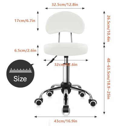 KKTONER Rolling Stool with Mid Back Height Adjustable Chair PU Leather Swivel Chair with Wheels for Office Home Task Drafting (White) - color: White