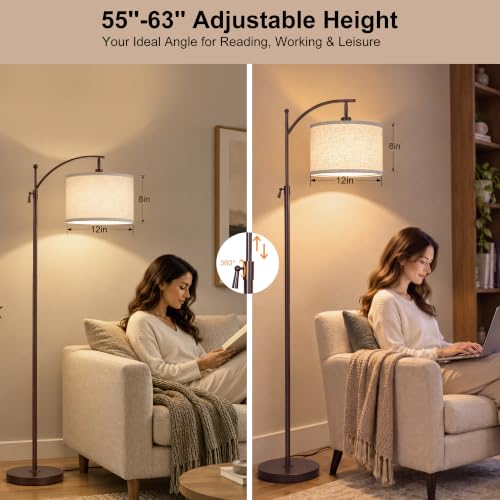 JUNNAI Modern Brown Floor Lamp Adjustable Height 55-63in 3 CCT 9W LED Bulb - color: Brown+Beige Shade-Arc