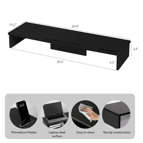 Dual Monitor Stand Riser with Phone Tablet Holder, 35.8in Large Monitor Stand for Desk, Computer Monitor Stand for 2 Monitors, Desk Shelf for Top of Desk, Desktop Organizer for Laptop, Printer, TV - color: 35.8" Black with Phone Tablet Holder