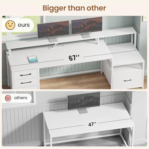 SEDETA Computer Desk with 5 Drawer, Power Outlet, Led Lights, White - color: White With Led Lights, size: 67X18.5inch