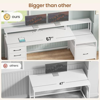 SEDETA Computer Desk with 5 Drawer, Power Outlet, Led Lights, White - color: White With Led Lights, size: 67X18.5inch