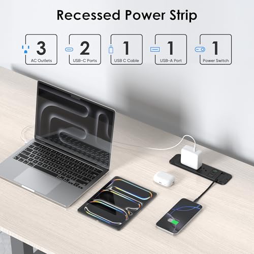 Recessed Power Strip with 60cm Retractable USB C Cable, Flush Mount | Furniture Drawer Outlet kit insert in (4) 20W USB & (3) 15 Amp AC Outlets, Hidden Charging Station for Desktop - color: Black