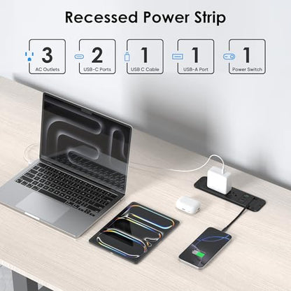 Recessed Power Strip with 60cm Retractable USB C Cable, Flush Mount | Furniture Drawer Outlet kit insert in (4) 20W USB & (3) 15 Amp AC Outlets, Hidden Charging Station for Desktop - color: Black
