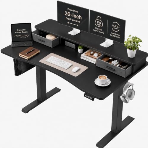 Grandder Electric Standing Desk with Two Drawers, Curved Sit to Stand Up Height Adjustable Desk with Storage Shelf for Home Office, 47 * 26 Inch, Study, Ergonomic Adjustable Computer Desk, Black - color: Black With Curved, size: 47 Inch