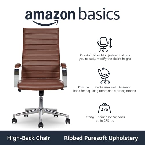 Amazon Basics High-Back Swivel Office Chair with Lumbar Support, Ergonomic Ribbed Faux Leather, Adjustable Height, 24.75"D x 23.25"W x 45.25"H, Brick Red - color: Brick Red