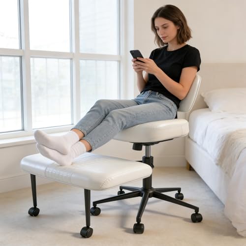 Meditation Chair with Footrest, 360° Swivel Height Adjustable Criss Cross Chair, White PU Padded Wide Seat, Home Office Desk Chair for Reading, Yoga, Peaceful Living - color: White