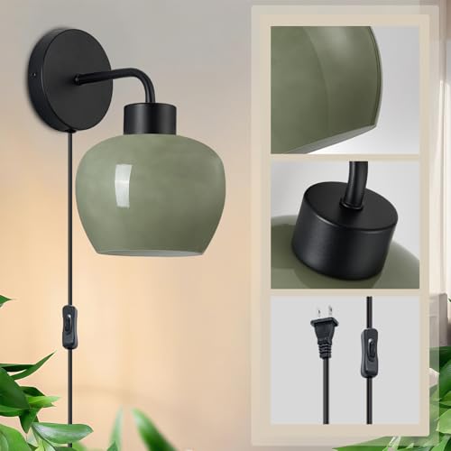 Modern Wall Sconces, Olive Green Milk Glass, Matte Black Finish | Plug-in Wall Lamp, Industrial Boho Lighting, For Bedroom, For Living Room - color: Matte Black+Glass Lampshade