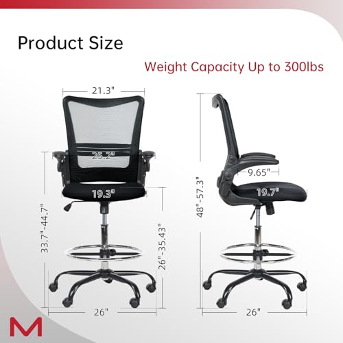 Drafting Chair,Tall Office Chair for Standing Desk,Office Drafting Chair with Footrest Ring,High Office Chair with Tilt Back,Extra Tall Office Chairs with Flip Up Armrest - color: Black Frame&seat