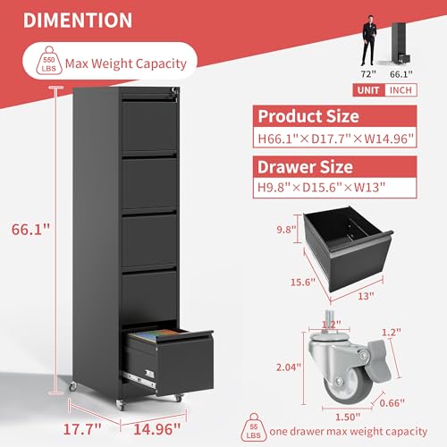 IKIMI 5 Drawer Mobile File Cabinet with Lock,Black Metal Filing Cabinets - color: Black, size: 5 Drawers with Wheels