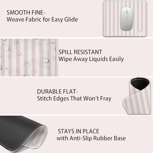 Mouse Pad for Desk with Stitched Edge, Premium Cute Washable Mouse Pads. Computer Mousepad with Non-Slip Rubber Base, Mousepads for Laptop, 9.25x7.75x0.12 inch (Pink Stripes) - color: Pink Stripes
