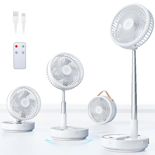 Portable Oscillating Travel Fan, 10400mAh Rechargeable Battery with Remote | Foldable, Floor Table Desk Fan ,8H Timer, 4 Speed Settings Pedestal Fan for Home Bedroom Sleeping Camping Cruise, White 8" - color: White-10400mAh, size: 8 inch