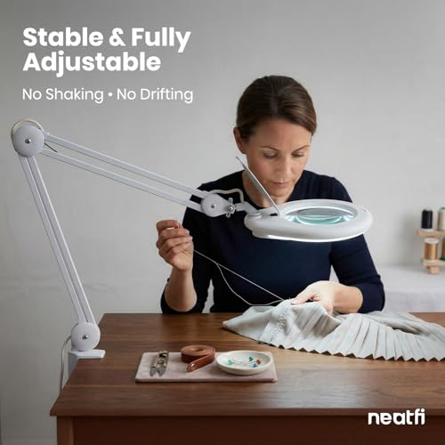 Neatfi Elite XL HD Super LED Magnifying Lamp with Clamp – 7” Glass Lens, 5-Diopter, 6500K Daylight | Glare-Free, Adjustable Arm | Reading, Sewing & Crafting (7 Inch Lens, White) - color: White, size: 7 Inch Lens
