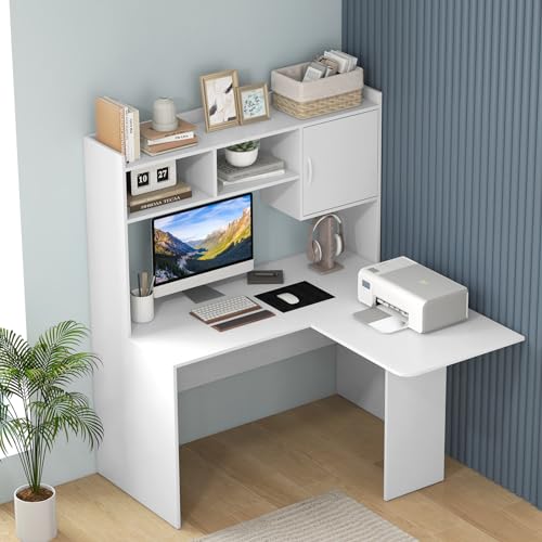 Tangkula L-Shaped Desk with Storage Hutch, Corner Computer Desk with Shelves & Cabinet, Modern Writing Study Table for Home Office, Laptop PC Workstation, White