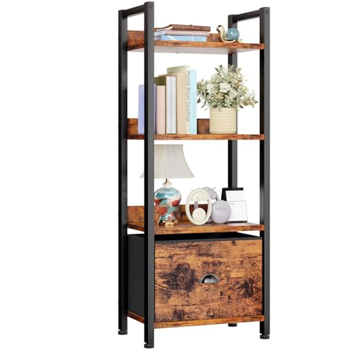 Furologee 4 Tier Bookshelf with Drawer, Tall Bookcase with Shelves, Narrow Bookshelves Storage Organizer, Wood and Metal Display Standing Shelf Unit for Bedroom, Living Room, Rustic Brown - color: Rustic Brown, size: 4 Tier -1 PCS