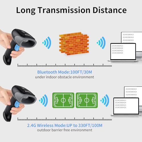 Wireless Barcode Scanner 1D QR Scanner Wireless Handheld Laser Bar Code Reader 3-in-1 with Bluetooth & 2.4G Wireless & USB Wired Works with iPad, Android Phone, iPhone, Laptop-U26 - color: Black-U26