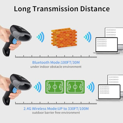 Wireless Barcode Scanner 1D QR Scanner Wireless Handheld Laser Bar Code Reader 3-in-1 with Bluetooth & 2.4G Wireless & USB Wired Works with iPad, Android Phone, iPhone, Laptop-U26 - color: Black-U26