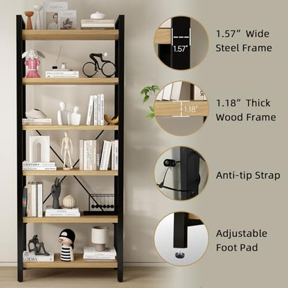 Real Solid Wood Rustic Vintage Industrial Etagere Bookshelf, Metal & Timber Free Vintage Bookcase, Retro Brown (Genuine Timber) (6-Tiers-Natural Finish) - size: 6-Tiers-Natural finish