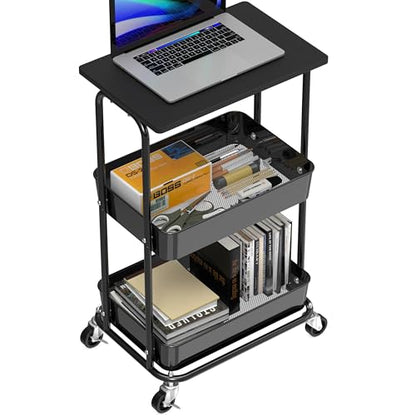 Simple Houseware 2-Tier Rolling Utility Cart Wood Top/Lockable Wheel, Black | Metal Storage Organizer Trolley for Kitchen, Bathroom, Office, Craft Room - color: Black